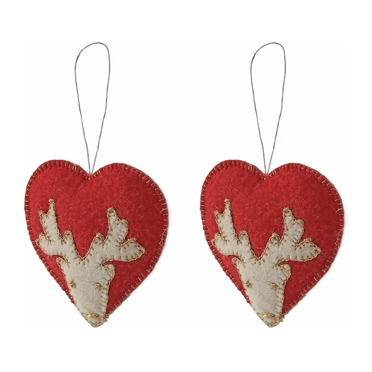 De Kulture Handmade Premium Wool Felt Reindeer Hearts Eco Friendly Needle Felted Christmas Xmas Tree Decoration Stuffed Ornament for Home Office Party Holiday Décor, (Set of 2)